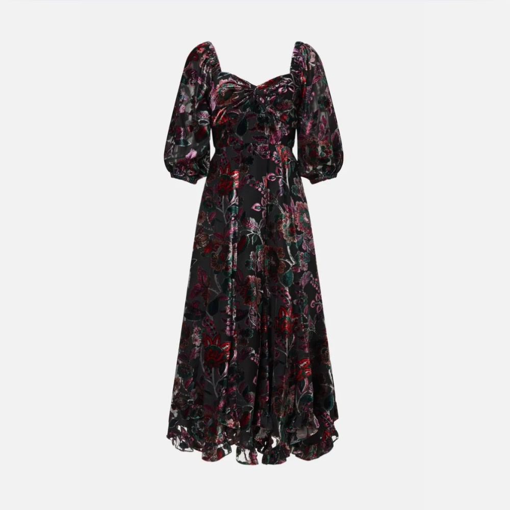 Hutch Printed Twist-Front Puff-Sleeve Ruffle-Hem Velvet Cami Dress